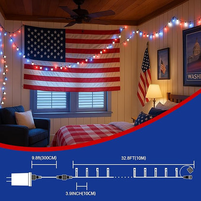 LAMPHOME 33ft Patriotic String Lights, Red White Blue Mini Lights, 100 LED Green Wire Fairy Starry String Lights Plug in, 16 Modes for Independence Day Celebration Party Memorial Day Decor