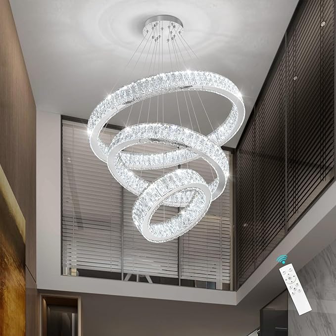 Modern Crystal Chandelier 55W Dimmable LED Chandeliers with Remote Luxury Height Adjustable Pendant Lighting for Living Room Dining Room Silver