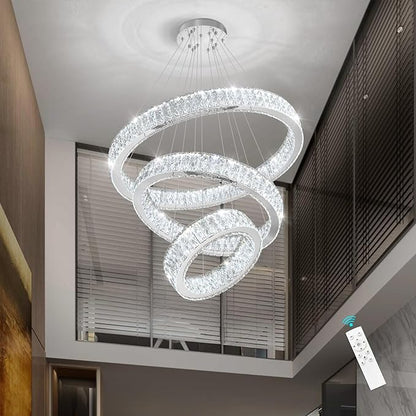 Modern Crystal Chandelier 55W Dimmable LED Chandeliers with Remote Luxury Height Adjustable Pendant Lighting for Living Room Dining Room Silver