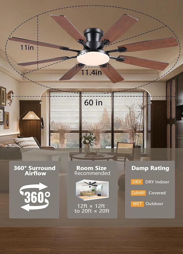 JSAITEE 60Inch Ceiling Fan with Lights and Remotes, Large Low Profile Flush Mount Ceiling Fans,DC Reversible Motor, 3CCT Dimmable,Noiseless,Dual Finish, Brown 6 Speeds Ceiling Fan for Indoor/Outdoor