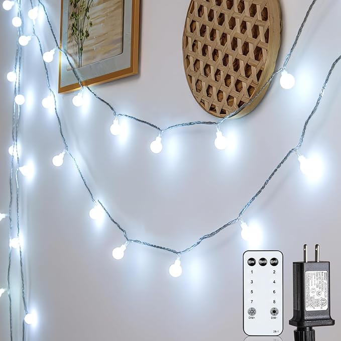 JOLYMOLY Globe String Lights 59 Ft 100 LED Fairy Lights Plug in with Remote Timer, Connectable Small Frosted Globe Christmas Lights for Bedroom Wedding Xmas Tree Indoor Outdoor Decor, Cool White