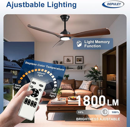 Depuley 52-Inch Ceiling Fan with Light: Walnut 3 Blade Outdoor Fans for Patios - Dimmable Indoor Fan with Remote APP Control Ultra Quiet DC Motor Reversible 6 Speed Timer