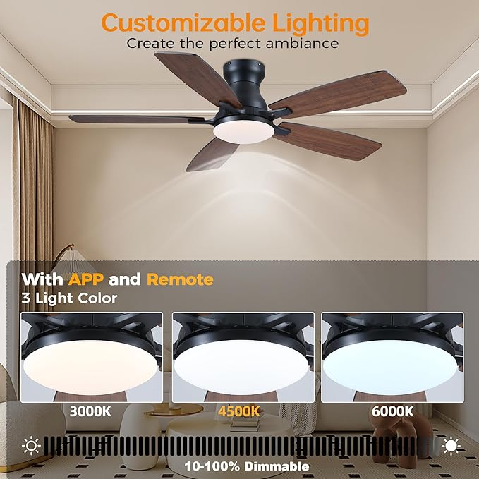 JSAITEE Ceiling Fan with Lights and Remote Control - 46In Flush Mount Ceiling Fan with 3CCT Dimmable, 6 Wind Speeds and Timing, Low Profile Fan for Modern Bedroom, Kitchen, Living Room