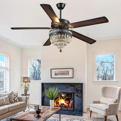 Asyko 62" Crystal Ceiling Fan Fandelier with Lights - Black Modern Crystal Chandelier Fans with Remote Control，Noiseless DC Motor, Retro/Farmhouse Lighting, Dining Room， Living Room