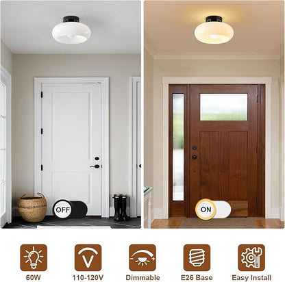 WOKNOS Mid-Century Modern Semi Flush Mount Ceiling Light, Metal Kitchen Light Fixture with Glass Shade,Vintage White and Black Colse to Ceiling Lamp for Entryway Hallway Bathroom (11.0 Inch)