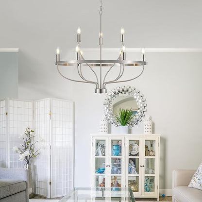 9-Light Brushed Nickel Chandelier, Modern Candle Chandeliers for Dining Room 30" Metal Vintage Farmhouse Chrome Chandelier Light Fixture for Kitchen Island, Bedroom, Foyer, Living Room