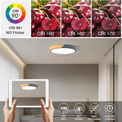 Modern LED Ceiling Light, Minimalist Wood Flush Mount Ceiling Light Fixture, 4000K Not Dimmable, Circle Lighting Lamp with Acrylic Lampshade for Bedroom Dining Room Laundry (Grey, 15.8'')