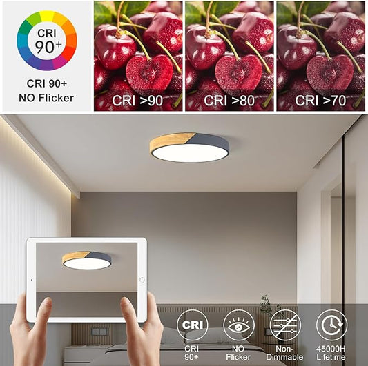 Modern LED Ceiling Light, Minimalist Wood Flush Mount Ceiling Light Fixture, 4000K Not Dimmable, Circle Lighting Lamp with Acrylic Lampshade for Bedroom Dining Room Laundry (Grey, 15.8'')