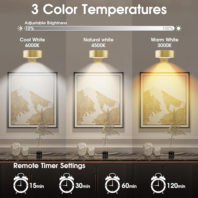 Picture Lights for Wall, 3 Lighting Modes Magnetic Art Display Light,Battery Operated Led Painting Light with Remote Control Dimmable & Timer,3Pack Gold