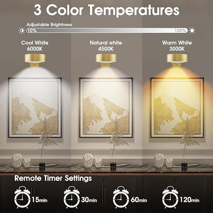 Picture Lights for Wall, 3 Lighting Modes Magnetic Art Display Light,Battery Operated Led Painting Light with Remote Control Dimmable & Timer,6Pack Gold