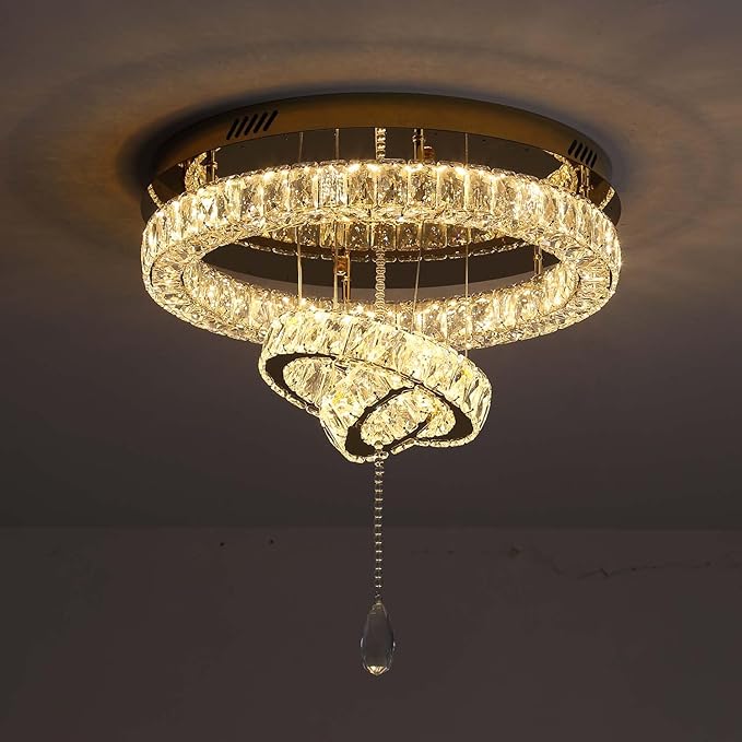 Flashing God Modern Crystal Chandelier Bedroom Chandeliers Flush Mount Ceiling Chandelier Light Fixture for Dining Room Entrance LED Dimmable Gold Ring Chandeliers