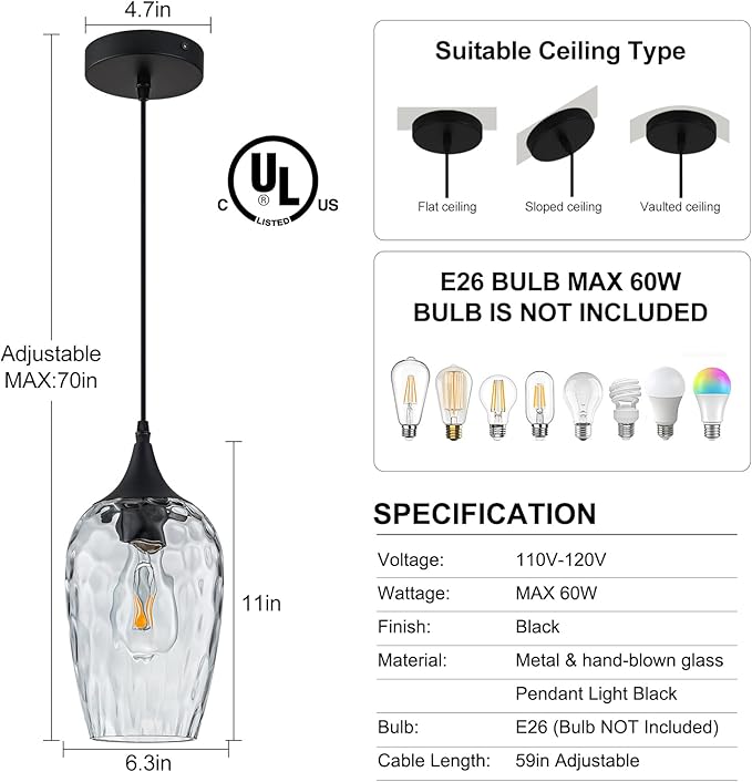 Glass Pendant Lights Kitchen Island, Black Pendant Light Fixtures with Hand-Blown Clear Glass Modem Farmhouse Hanging Light for Kitchen Sink Dining Room Bedroom