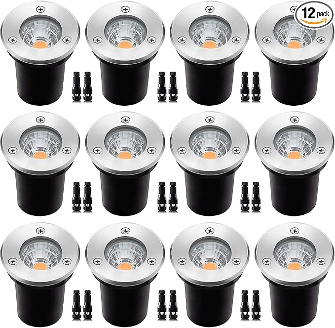 12 Pack 3W Low Voltage Led Landscape Lights,12V/24V AC/DC Well Lights,IP67 Waterproof In Ground Light and Landscape Lighting for Garden,Yard, Driveway, Deck, Step Up Light(Warm White 12 Pack)