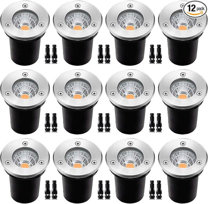 12 Pack 3W Low Voltage Led Landscape Lights,12V/24V AC/DC Well Lights,IP67 Waterproof In Ground Light and Landscape Lighting for Garden,Yard, Driveway, Deck, Step Up Light(Warm White 12 Pack)