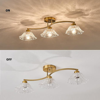 Semi Flush Mount Ceiling Light Fixture,3 Lights Modern Glass Shade Chandelier, Mini Ceiling Fixture for Entryway, Kitchen, Bedroom, Golden