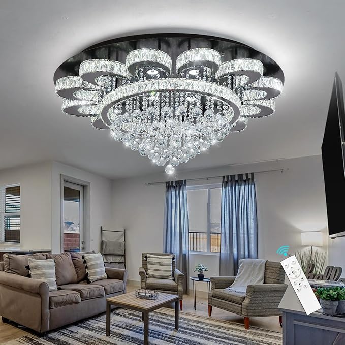 HAIXIANG Modern Chandelier Living Room Light Glam Chandeliers Ceiling Light Fixture Remote Dimmable Lights 40 Inches Luxury Crystal Black Dining Room Lights
