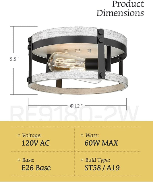 2-Light Farmhouse Ceiling Light, 12 inch Oak White Kitchen Flush Mount Ceiling Light, Round Rustic Light Fixtures with Wood Finish for Hallway Entryway, OS-3016WH