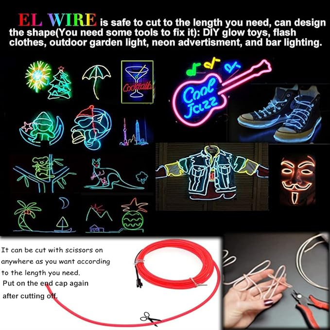 MaxLax EL Wire Ice Blue 5-Pack, 9ft/2.75m Neon Light Wire with Noise Reduction and Battery Pack…