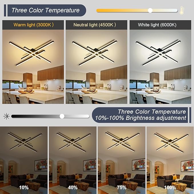 Black Modern LED Ceiling Light Fixtures with Remote 3000K/4500K/6000K Close to Ceiling Lights Creative Design Ceiling Lamp for Bedroom Kitchen Living Room Dining Room (64W, 4 Lights)
