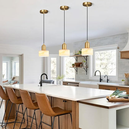Natural Stone Pendant Lights Kitchen Island, White Pendant Light Fixtures, Pendant lamp Marble Cylinder Shade Copper, for Bedroom Bathroom Dining Room Living Room(1-Pack)