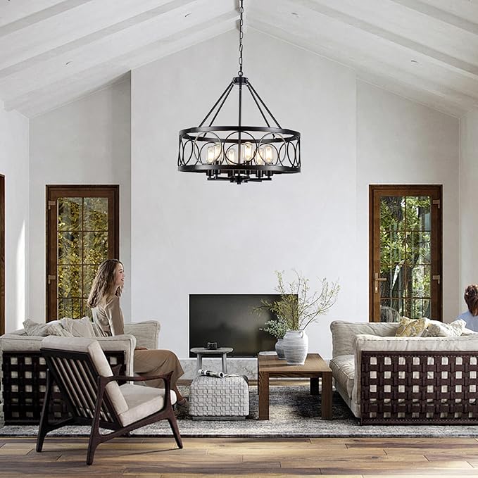 6-Lights Black Chandelier for Dining Room Light Fixture 22.5" Modern Farmhouse Chandeliers Ceiling Light Industrial Drum Hanging Pendant Lights for Kitchen Island Living Room Entryway Bedroom