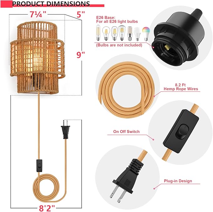Plug-in Boho Wall Sconces Set of 2, Handwoven Rattan Wall Lights with On/Off Switch, Bohemian Light Fixtures for Bedroom, Living Room