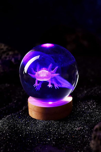 3.15 inch Axolotl Crystal Ball Lamp,3D K9 Crystal Ball Night Light with Wooden Base,16 Colors Change with Remote Control,Clear Glass Light,Birthday Gift for Friends (Axolotl)