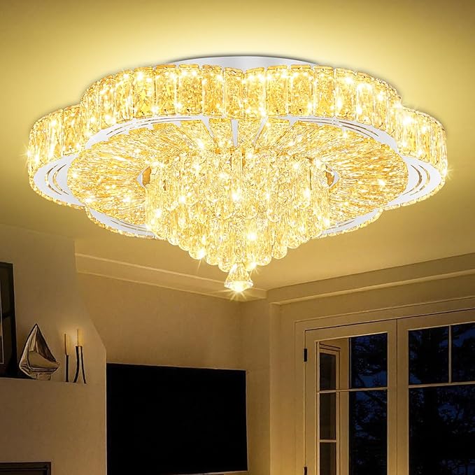 Modern Empire Crystal Chandelier Silver 24inches Crystal Raindrop Ceiling Light for Living Room Bedroom LED Infinity Dimmable 3000-6000K