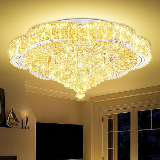 Modern Empire Crystal Chandelier Silver 24inches Crystal Raindrop Ceiling Light for Living Room Bedroom LED Infinity Dimmable 3000-6000K