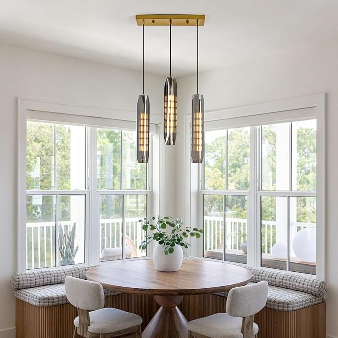 3-Light Linear Pendant Light for Kitchen Island, Modern Brass Ceiling Hanging Lamp with Smoked Glass Shades, Adjustable Height Island Lighting for Dining Room, Bar, Living Room