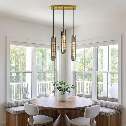 3-Light Linear Pendant Light for Kitchen Island, Modern Brass Ceiling Hanging Lamp with Smoked Glass Shades, Adjustable Height Island Lighting for Dining Room, Bar, Living Room