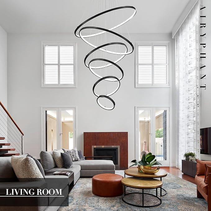 6 Rings Chandelier High Ceiling, Black Modern LED Chandeliers with Remote Control Large Foyer Chandelier Entryway Dimmable Pendant Light Fixture for Living Room Staircase, 3000-6500K