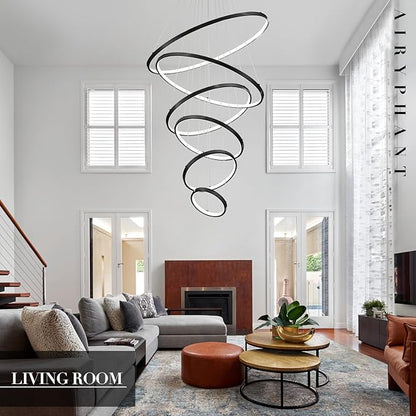 6 Rings Chandelier High Ceiling, Black Modern LED Chandeliers with Remote Control Large Foyer Chandelier Entryway Dimmable Pendant Light Fixture for Living Room Staircase, 3000-6500K