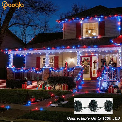 Pooqla 200 LED 66 FT 4th of July Decoration Lights, Red White Blue Lights Patriotic String Lights, Outdoor Independence Day Fairy Lights 8 Modes Connectable for Home Yard Patio Decoration, Green Wire