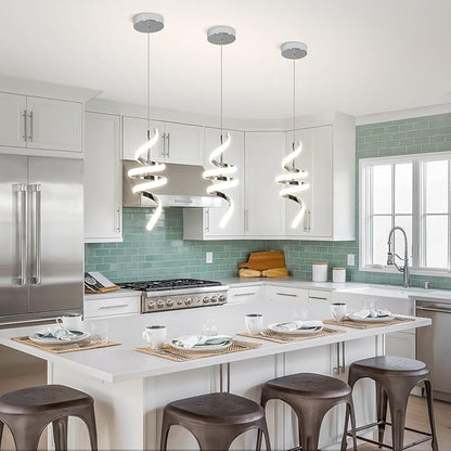 4000K Modern Pendant Light, 15IN Spiral LED Pendant Lights Adjustable Height Black Kitchen Island Fixtures Chandeliers for Dining Room Hanging Lights, 1 Pack (Chrome,4000K, Hardwired,2PACKS)