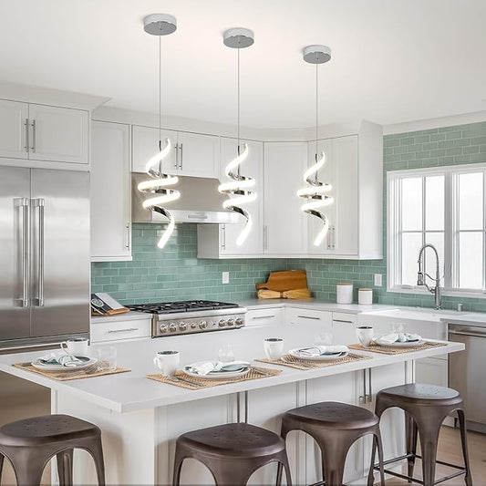Modern Spiral LED Pendant Lights Kitchen Island, 22W Adjustable Height Hanging Light Fixture 4000K Chrome Chandelier for Dining Room Cafe Table, 1 Pack