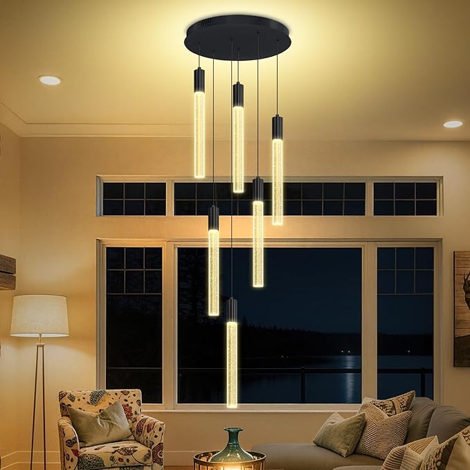 Luxury 6 Light Modern Crystal Pendant Light - 71" High Ceiling Black LED Dimmable Pendant Light for Bedside Island Kitchen Living Room