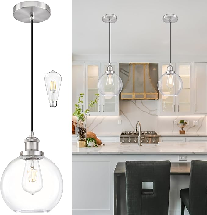 Bagood 8" Glass Pendant Light Clear Globe Pendant Lights Kitchen Island Brushed Nickel Glass Pendant Lights Kitchen Island Globe Pendant Light fixtures Pendant Light Farmhouse(Bulb Incl.)