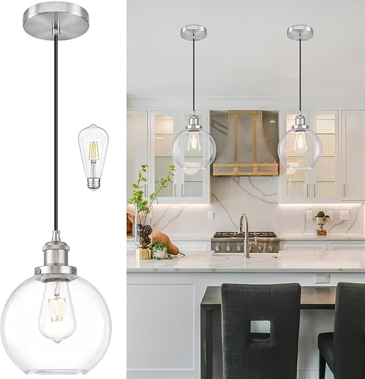 Bagood 8" Glass Pendant Light Clear Globe Pendant Lights Kitchen Island Brushed Nickel Glass Pendant Lights Kitchen Island Globe Pendant Light fixtures Pendant Light Farmhouse(Bulb Incl.)