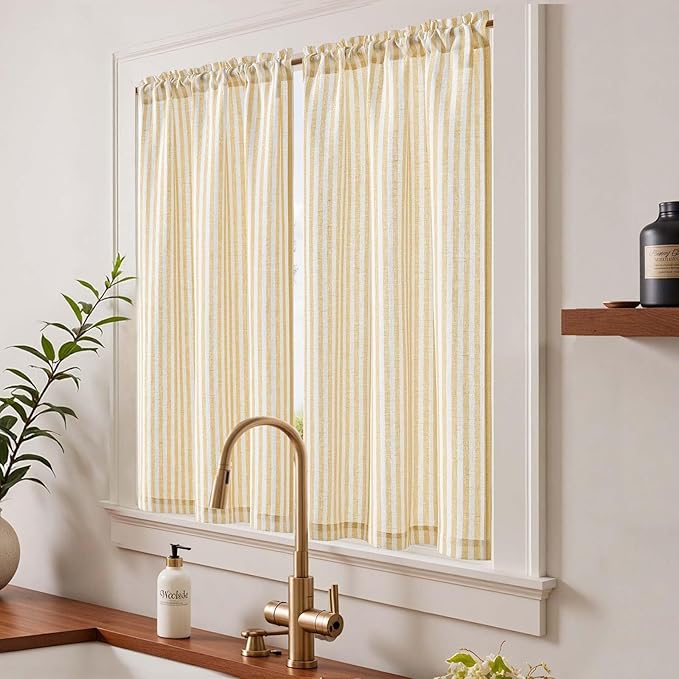 jinchan Striped Linen Kitchen Curtains 45 Inches Tier Curtains Farmhouse Modern Cafe Style Small Window Treatments Airy Light Filtering Rod Pocket for Living Room Bathroom 2 Panels Mustard Yellow
