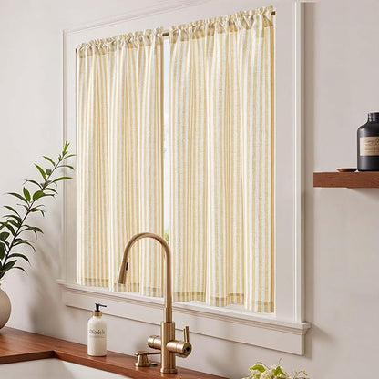 jinchan Striped Linen Kitchen Curtains 45 Inches Tier Curtains Farmhouse Modern Cafe Style Small Window Treatments Airy Light Filtering Rod Pocket for Living Room Bathroom 2 Panels Mustard Yellow