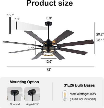 72 Inch Farmhouse Ceiling Fan with Lights and Remote Large Rustic Ceiling Fan Industrial Black Caged Fandelier Chandelier Light, Reversible Quiet DC Motor 6 Speeds for Indoor Outdoor