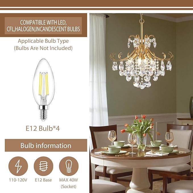 Gold Crystal Chandeliers for Dining Room, 4-Light Modern Crystal Light Fixture, Living Room Bedroom Pendant Ceiling Lamp, Luxury Hanging Light, H 17.7'' x W 18.1''