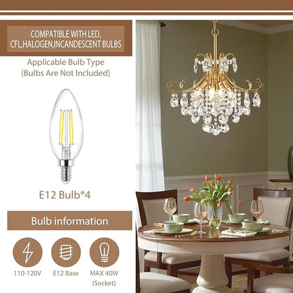 Gold Crystal Chandeliers for Dining Room, 4-Light Modern Crystal Light Fixture, Living Room Bedroom Pendant Ceiling Lamp, Luxury Hanging Light, H 17.7'' x W 18.1''