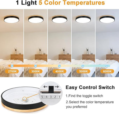 Modern Dimmable Wood Ceiling Light, Black Round LED Flush Mount Ceiling Lighting Fixtures, Minimalist Ceiling Lamp for Kitchen Bedroom Laundry Room Living Room Entryway Hallway&15.74 in