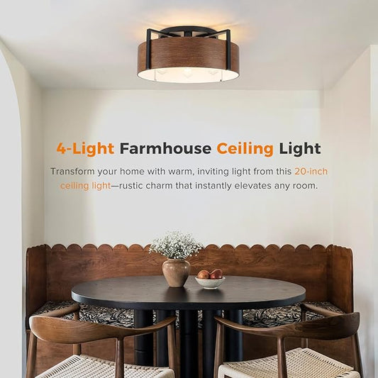 20'' Farmhouse Semi Flush Mount Ceiling Light, 4-Light Rustic Hallway Entryway Light Fixtures, Metal Wood Grain Finish Close to Ceiling Lights for Kitchen Dining Room Bedroom Living Room Foyer