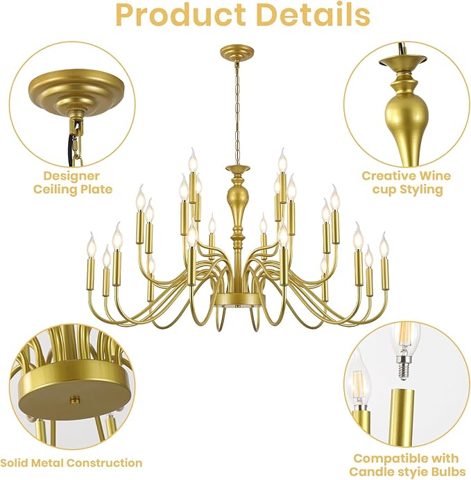24 Light Gold Chandelier Large Farmhouse Chandeliers for High Ceiling Foyer, Extra Large Round Rustic Gold Chandelier 3-Tier for Living Room Dining Room Stairs Entry Restaurant Hotel -42.5 in