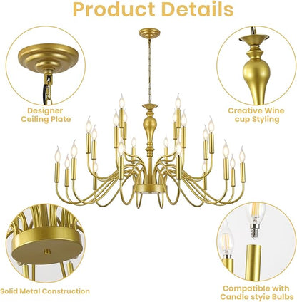 24 Light Gold Chandelier Large Farmhouse Chandeliers for High Ceiling Foyer, Extra Large Round Rustic Gold Chandelier 3-Tier for Living Room Dining Room Stairs Entry Restaurant Hotel -42.5 in