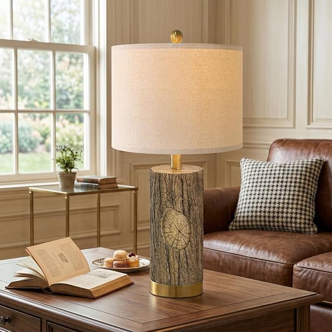 OYEARS 25.5'' Rustic Farmhouse Table Lamps, Faux Wood Tree Bark Lamps with Gold Base, Bedside Lamps Set of 2 with A+C Charging Ports, Retro Nightstand Lamps for Living Room Bedroom Hallway Decor Brown