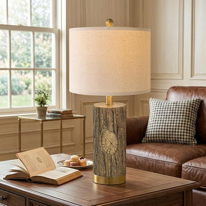 OYEARS 25.5'' Rustic Farmhouse Table Lamps, Faux Wood Tree Bark Lamps with Gold Base, Bedside Lamps Set of 2 with A+C Charging Ports, Retro Nightstand Lamps for Living Room Bedroom Hallway Decor Brown